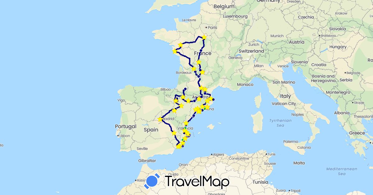 TravelMap itinerary: driving, bus, hiking in Andorra, Spain, France (Europe)