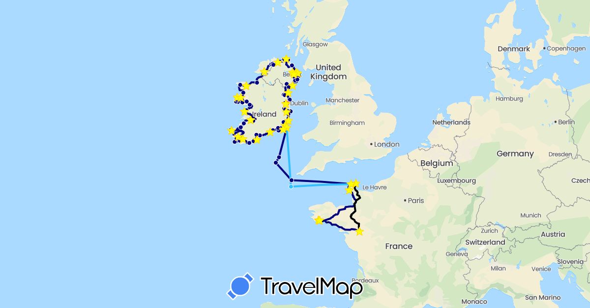 TravelMap itinerary: driving, bus, hiking, boat, camping car in France, United Kingdom, Ireland (Europe)